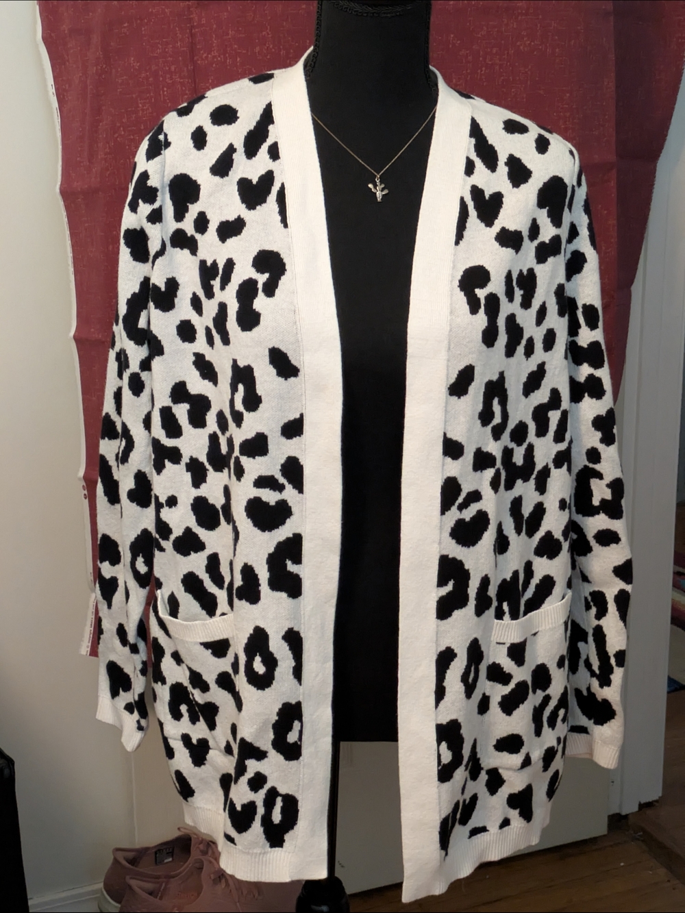 Kim Rogers Black and White Leopard Open-Front Cardigan